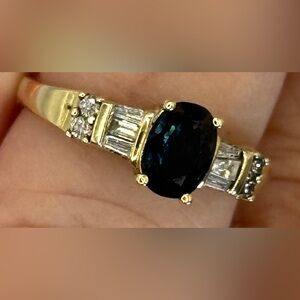 Natural Blue Sapphire & Genuine Diamond Gold Ring